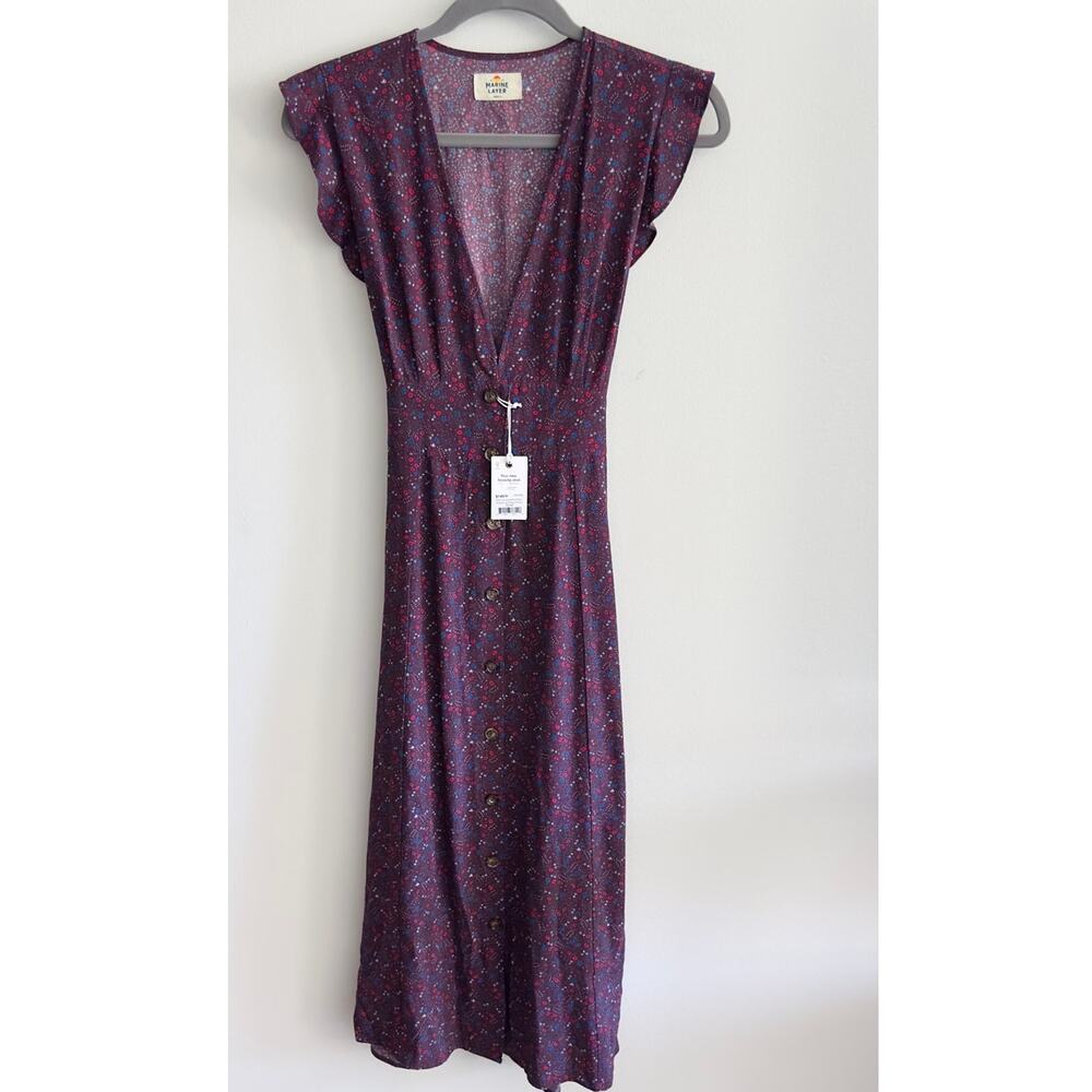 NWT: Marine Layer: Women's Midi Camila Ruffle Dress Cabernet Ditsy Floral (S)